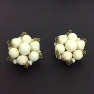 White Beaded Cluster Clip Earrings Church Lady Grandma Vintage 40s 50s